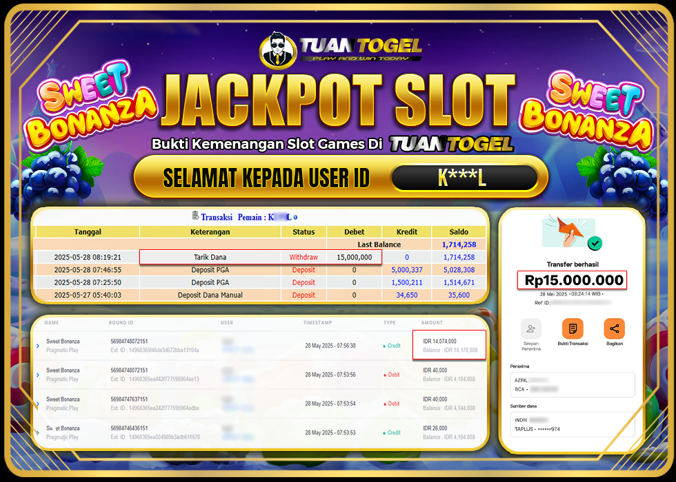 TUANTOGEL JACKPOT SLOT SWEET BONANZA Rp15.000.000 - LUNAS